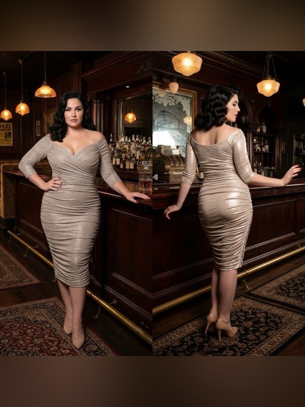 Laura Byrnes
California Monica
Wiggle Dress in
Champagne and
Silver Lurex 3X